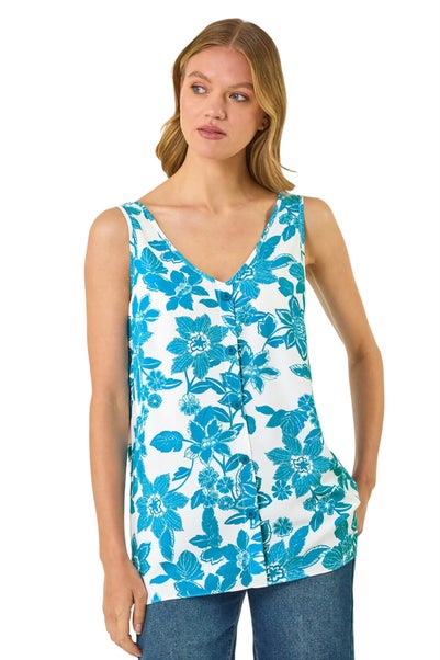 Roman Turquoise Floral Button Cami Top