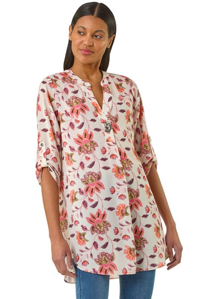 Roman Coral Floral Print Button V-Neck Tunic Top