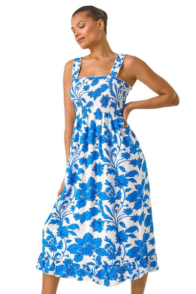 Roman Blue Floral Shirred Midi Dress