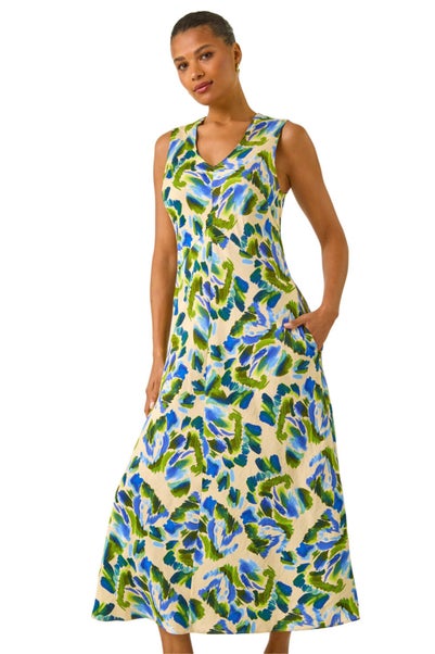 Roman Blue Abstract Print Sleeveless Midi Dress