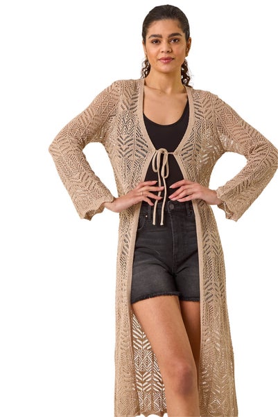 Roman Natural Longline Tie Cotton Blend Knit Cardigan