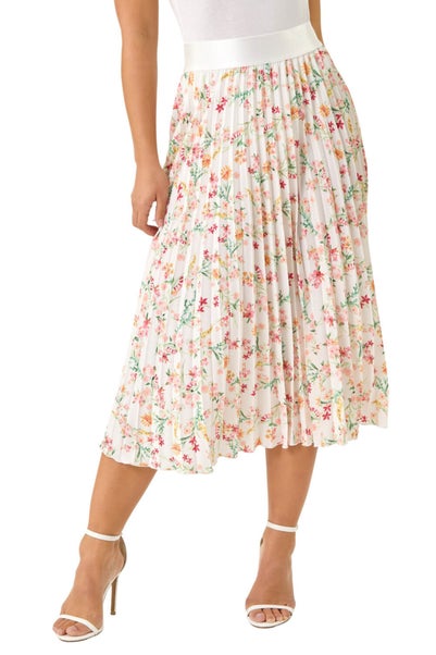 Roman Pink Petite Floral Pleated Midi Skirt