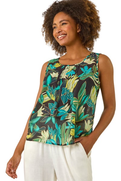 Roman Green Leaf Print Pleat Front Vest Top