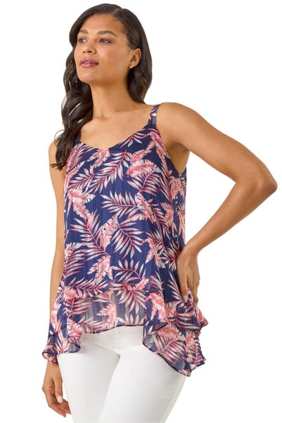 Roman Navy Metallic Leaf Layered Cami Top