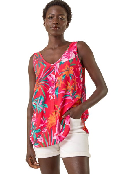 Roman Red Tropical Print V-Neck Button Cami Top