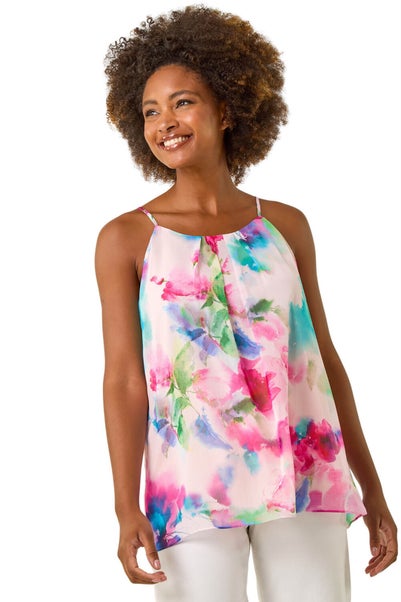 Roman Pink Floral Watercolour Chiffon Cami Top