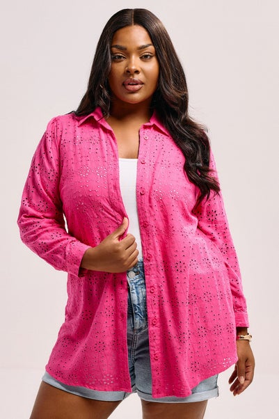 Yours Curve Hot Pink Broderie Anglaise Long Sleeve Shirt