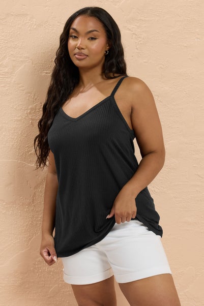 Yours Curve Black Ribbed Swing Cami Top