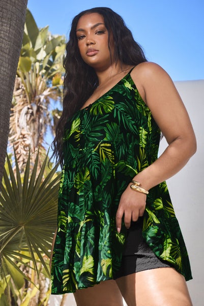 Yours Curve Green Crinkle Tropical Print Cami Top