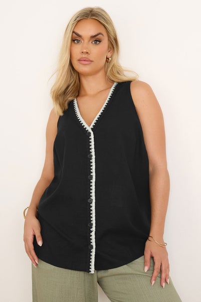 Yours Curve Black Blanket Stitch Linen Vest Top