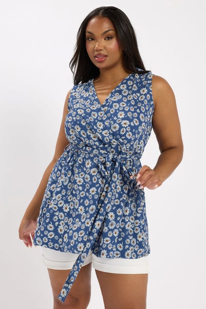 Yours Curve Blue Daisy Print Sleeveless Wrap Top