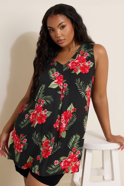 Yours Curve Black Floral Print Pleat Front Vest Top