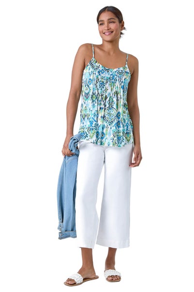 Roman Blue Aztec Print Pleat Front Cami Top
