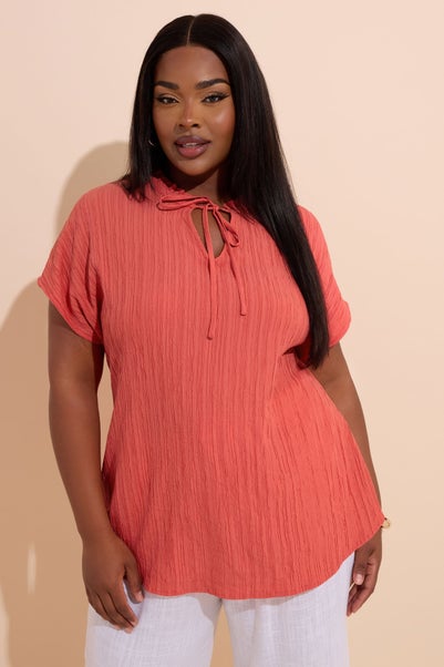Yours Curve Coral Orange Textured Frill Neck Top