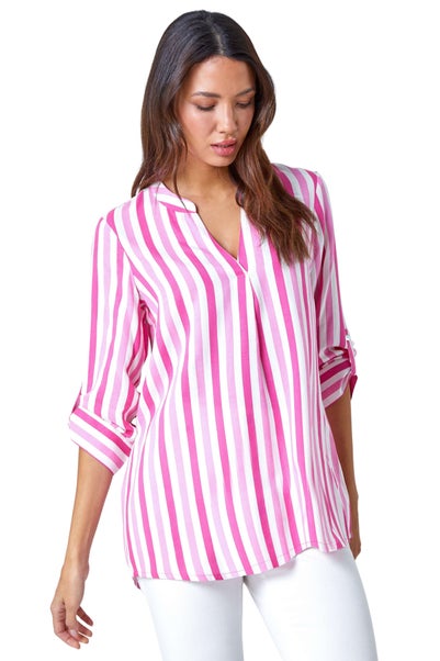 Roman Pink Stripe Print Pleat Detail Top