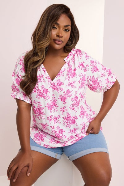 Yours Curve Pink Rose Print Notch Neck Blouse