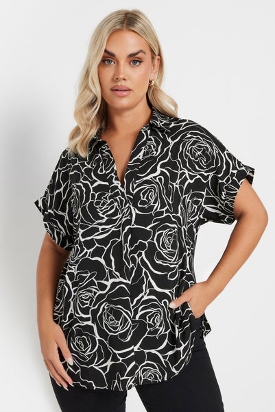 YOURS Curve Black Floral Print Collared Blouse