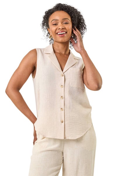 Roman Stone Petite Collared Sleeveless Blouse