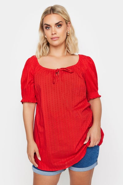 Yours Curve Red Dobby Tie Neck Blouse