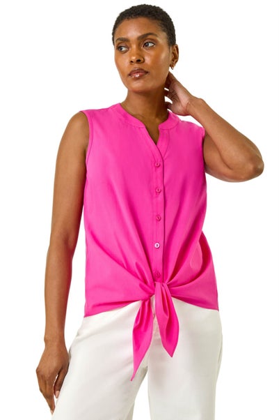 Roman Cerise Cotton Tie Front V-Neck Blouse