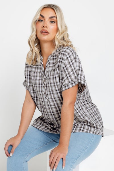 Yours Curve Grey Check Print Textured Blouse