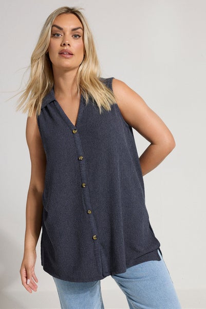 Yours Curve Navy Blue Textured Sleeveless Shirt