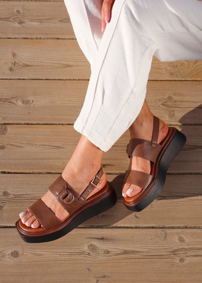 Linzi Rox Brown Faux Leather Double Strap Flatform Sandal