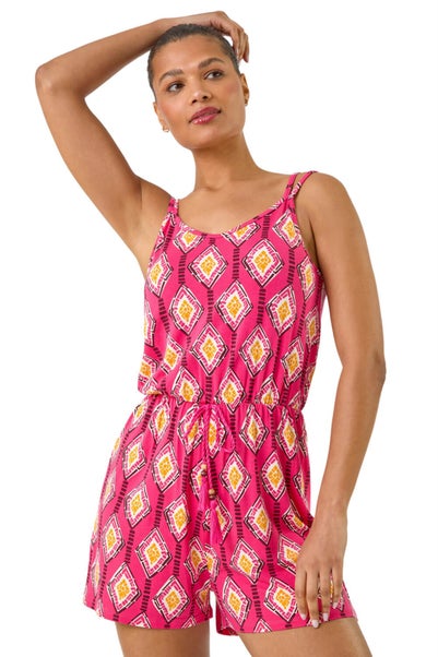 Roman Pink Geometric Double Strap Playsuit