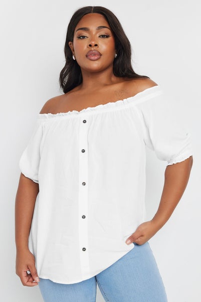 Yours Curve White Chambray Button Detail Bardot Top