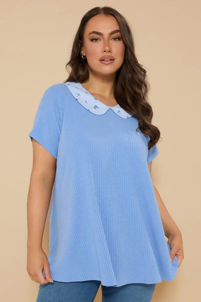 Yours Curve Blue Ditsy Floral Collar Ribbed Swing Top
