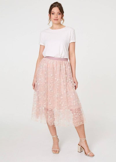 Izabel London Pink Floral Mesh Layered Midi Skirt