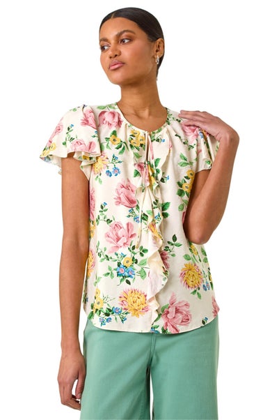 Roman Light Pink Floral Tie Front Frill Top