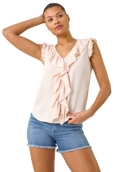 Roman Pink V-Neck Ruffle Front Vest Top