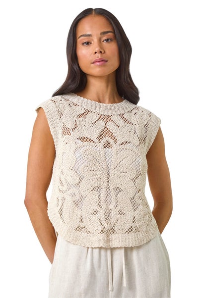 Roman Natural Petite Curve Hem Crochet Top