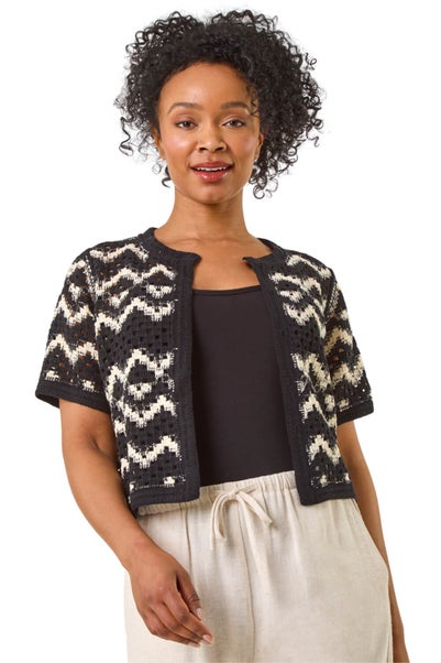 Roman Black Petite Chevron Open Crochet Cardigan