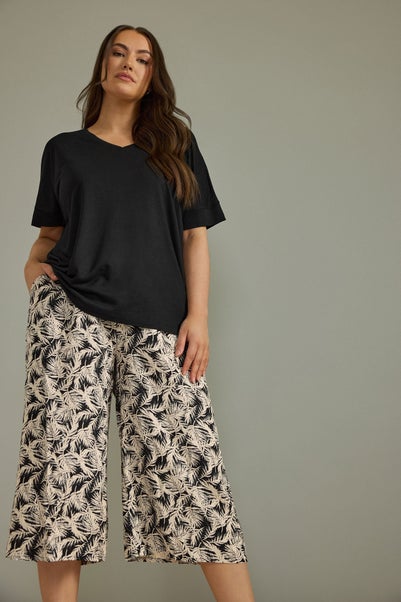 Evans Curve Natural Brown Leaf Print Linen Culottes