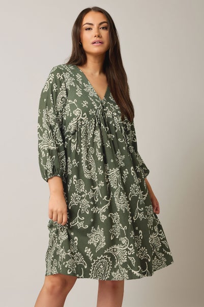 Evans Curve Khaki Green Paisley Print Crepe Midi Dress