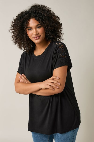 Evans Curve Black Crochet Shoulder Modal Rich T-Shirt