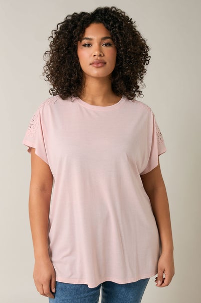 Evans Curve Pink Crochet Shoulder Modal Rich T-Shirt