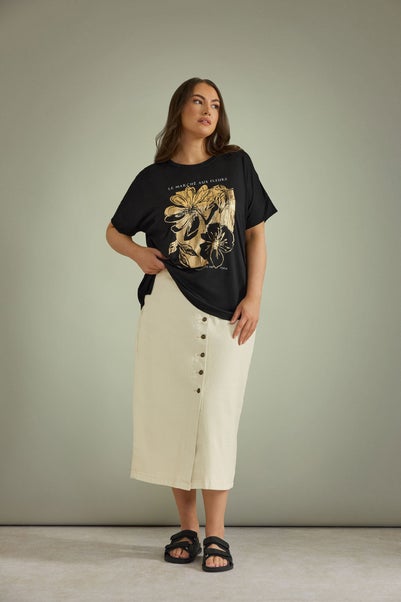 Evans Curve Black Metallic Floral Print Modal Rich T-Shirt