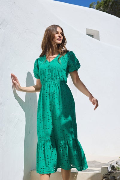 M&Co Green Cotton Broderie Tiered Dress