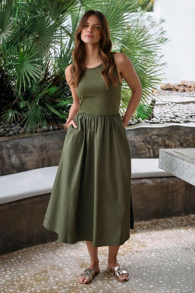 M&Co Khaki Green Sleeveless Cotton Midi Dress