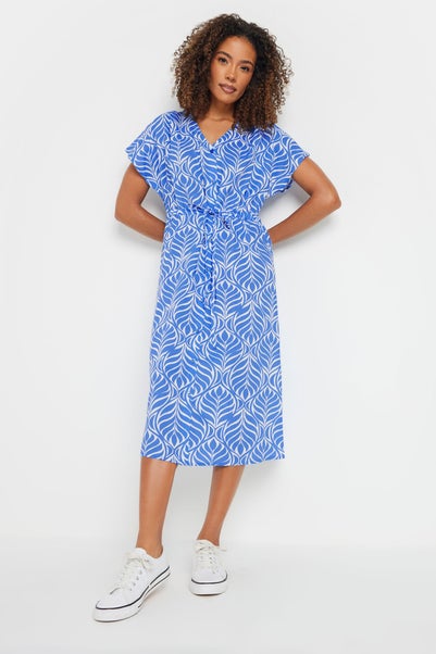 M&Co Blue Leaf Print Tie Waist Dress