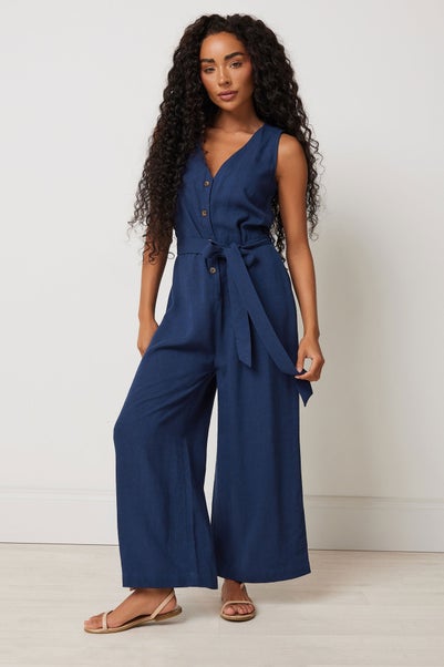 M&Co Petite Navy Blue Tie Waist Linen Jumpsuit