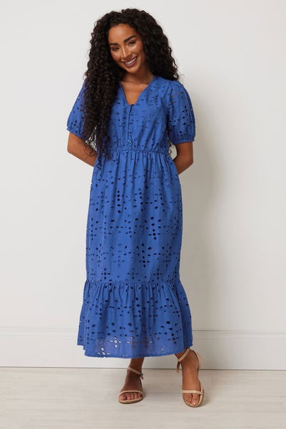 M&Co Petite Blue Cotton Broderie Tiered Dress