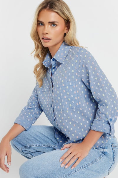 M&Co Petite Blue Cotton Dobby Long Sleeve Shirt