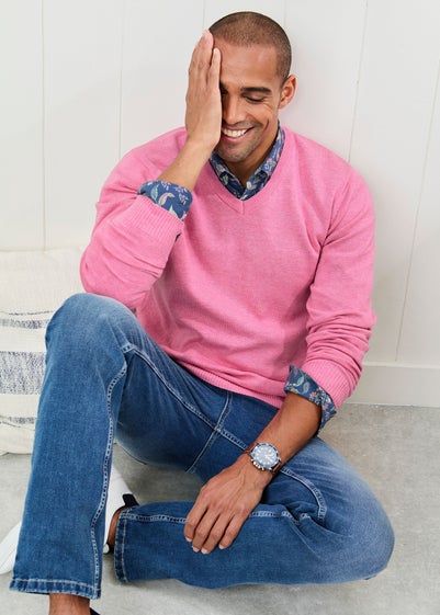 Cotton Traders Rose Pink Cotton V-Neck Jumper