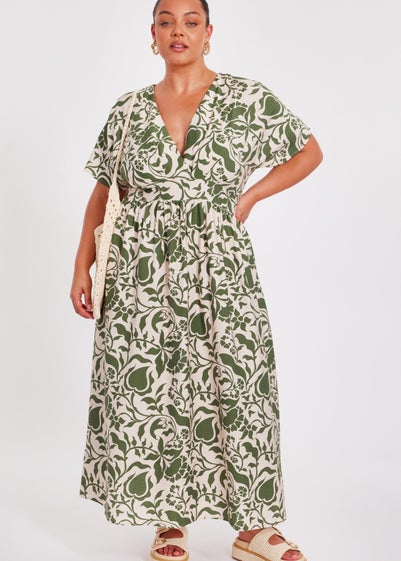 Quiz Khaki Curve Tropical Print Midaxi Dress