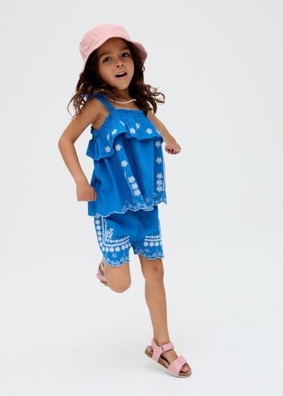 Raffya Kids Blue Savvanah Frill Neck All Over Embroidered Co-ord Set (3-9 Years)