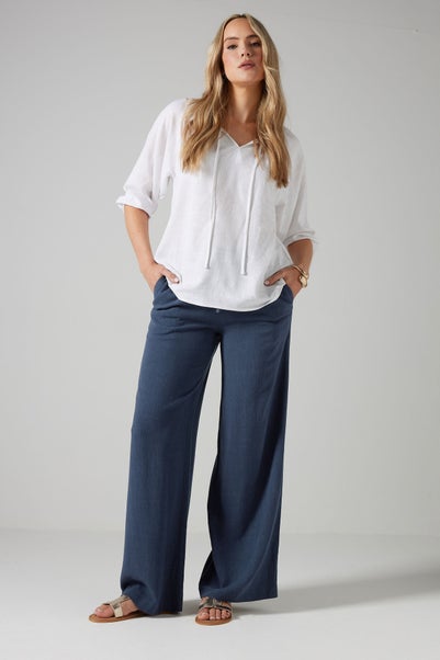 Long Tall Sally Navy Blue Linen Tie Waist Trousers